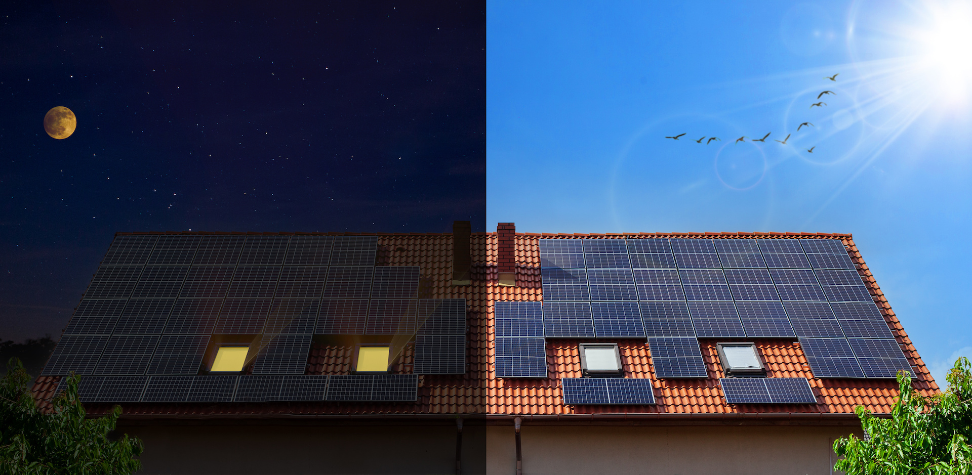 Conceptual Image Solar Energy. Modern House And Solar Panels Ont Day And At Night Concept.